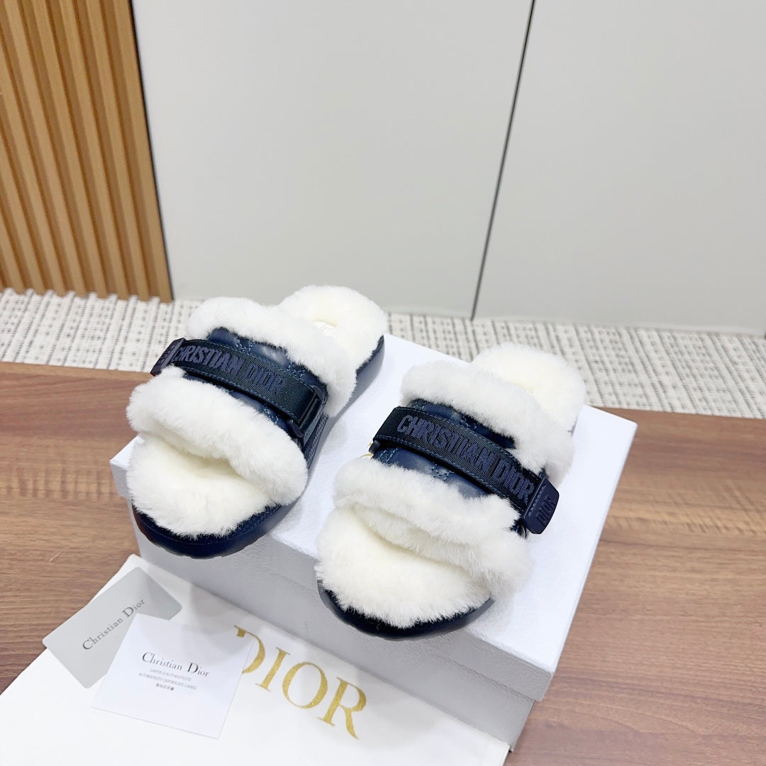 DIOR DIORiviera Dio(r)evolution Slide Deep Blue White Quilted Fleece Lining And Lambskin