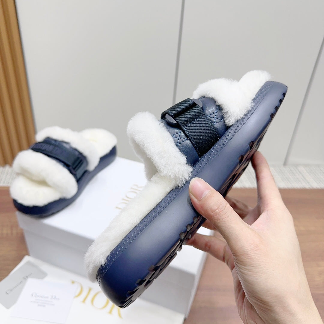 DIOR DIORiviera Dio(r)evolution Slide Deep Blue White Quilted Fleece Lining And Lambskin