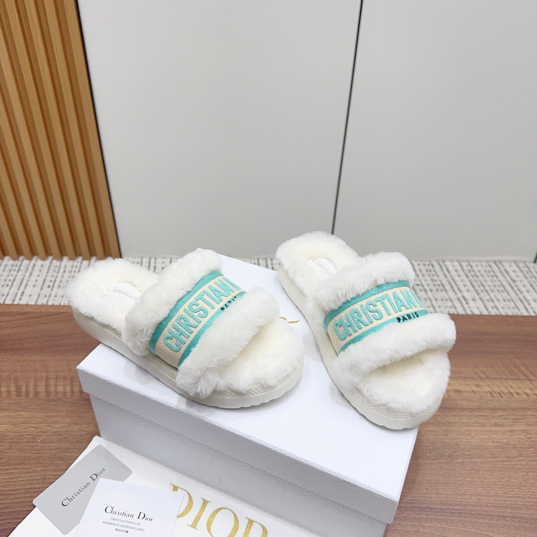 DIOR Dway Slide White Jade Green Fleece Lining And Canvas Fabric