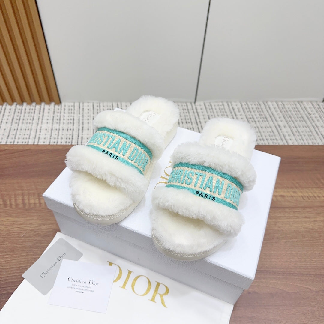 DIOR Dway Slide White Jade Green Fleece Lining And Canvas Fabric