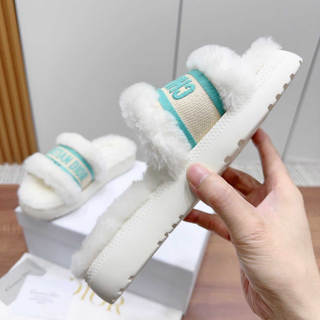 DIOR Dway Slide White Jade Green Fleece Lining And Canvas Fabric