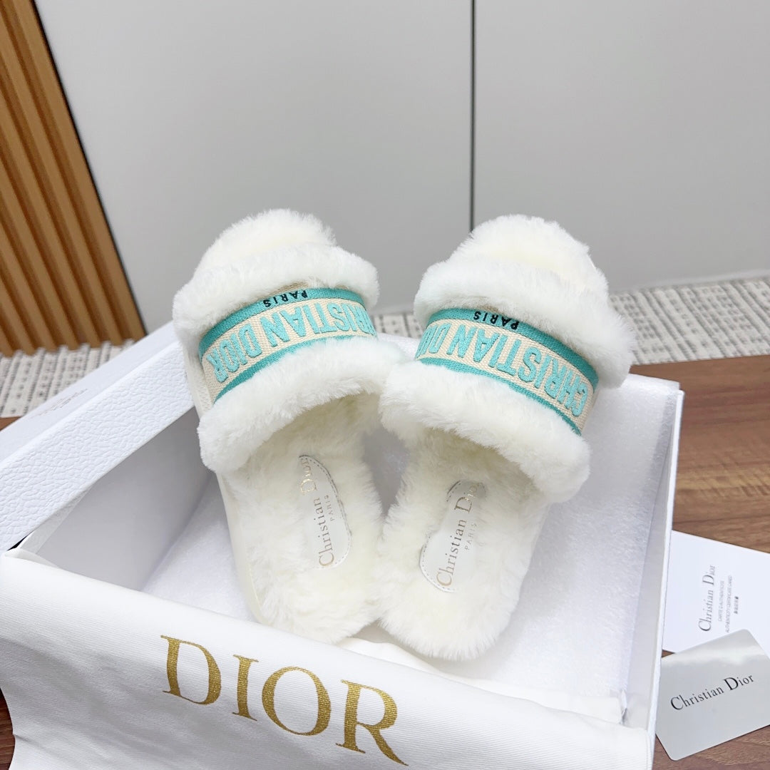DIOR Dway Slide White Jade Green Fleece Lining And Canvas Fabric