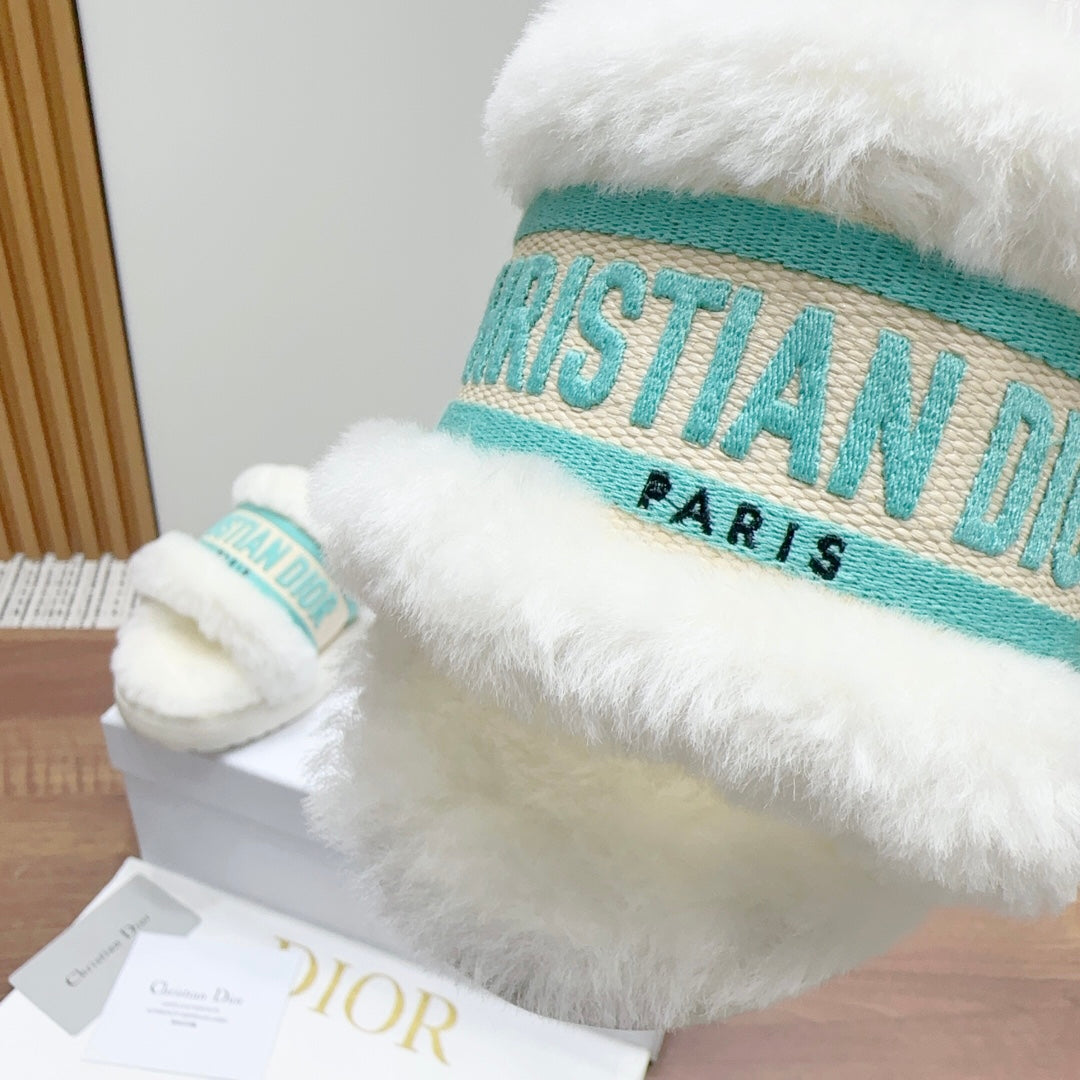 DIOR Dway Slide White Jade Green Fleece Lining And Canvas Fabric