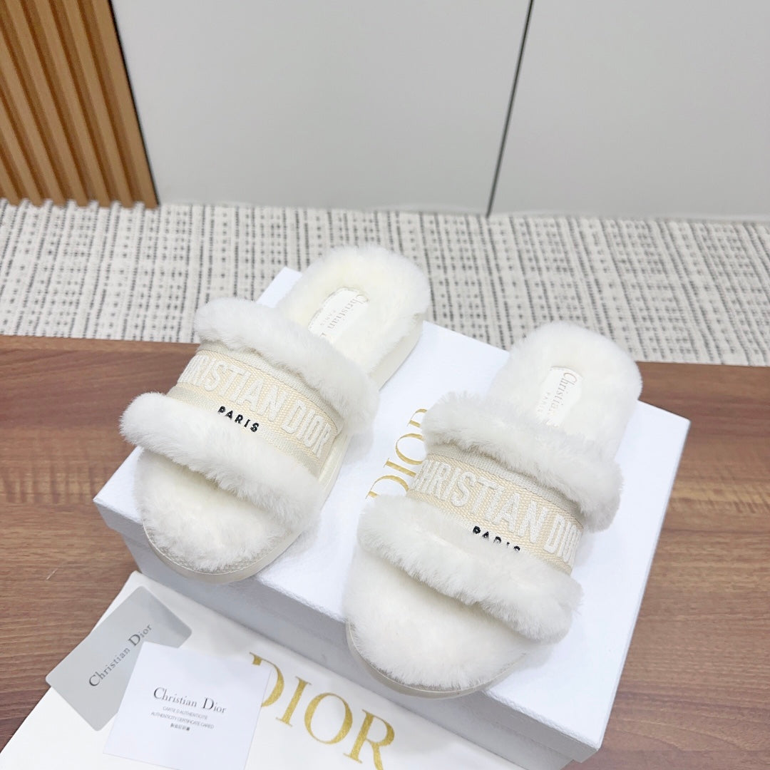 DIOR Dway Slide White Light Beige Fleece Lining And Canvas Fabric