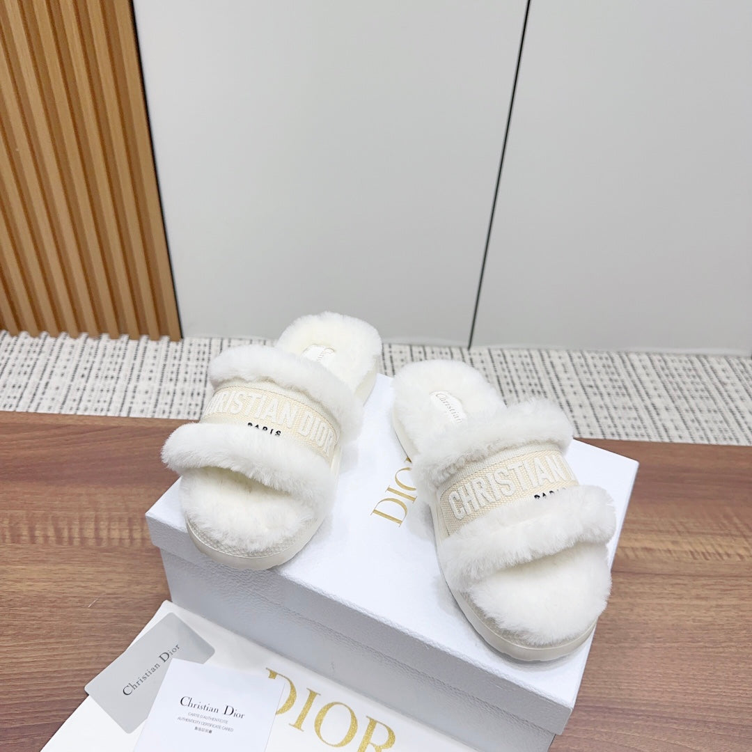 DIOR Dway Slide White Light Beige Fleece Lining And Canvas Fabric