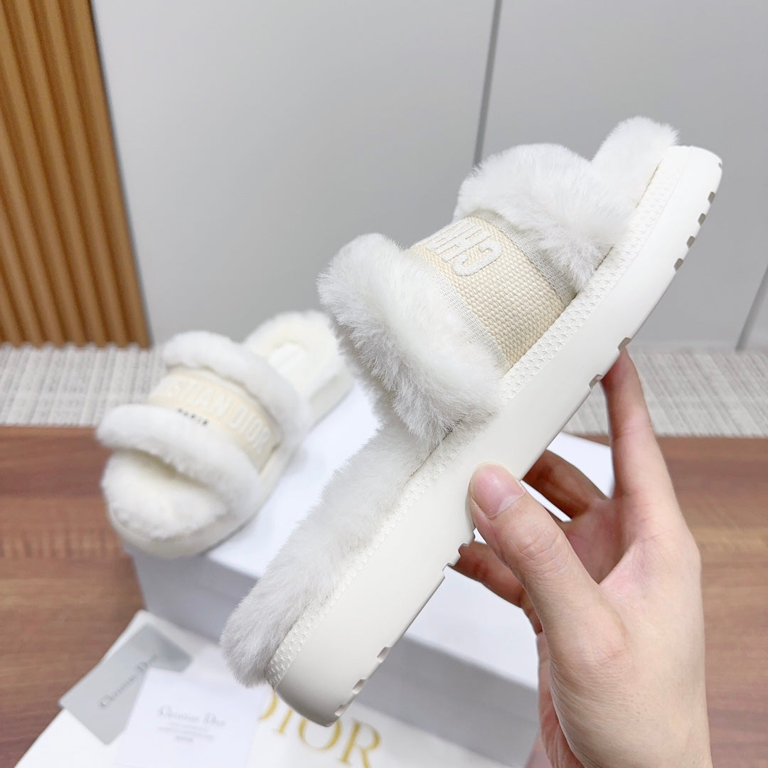 DIOR Dway Slide White Light Beige Fleece Lining And Canvas Fabric