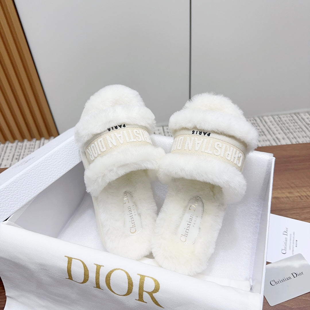 DIOR Dway Slide White Light Beige Fleece Lining And Canvas Fabric