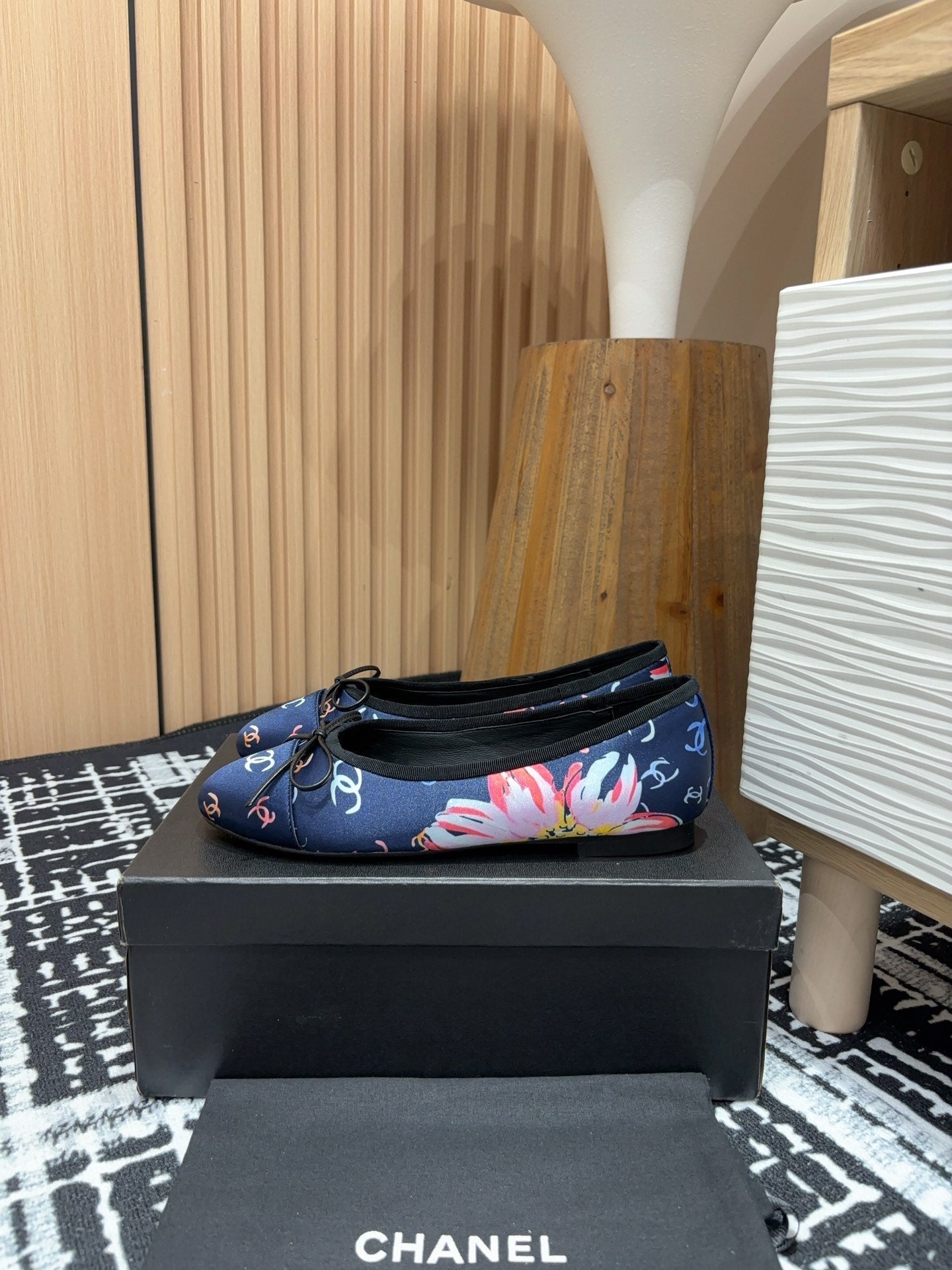 CHANEL Ballet Flats Dark Blue Silk Flowers And Lambskin