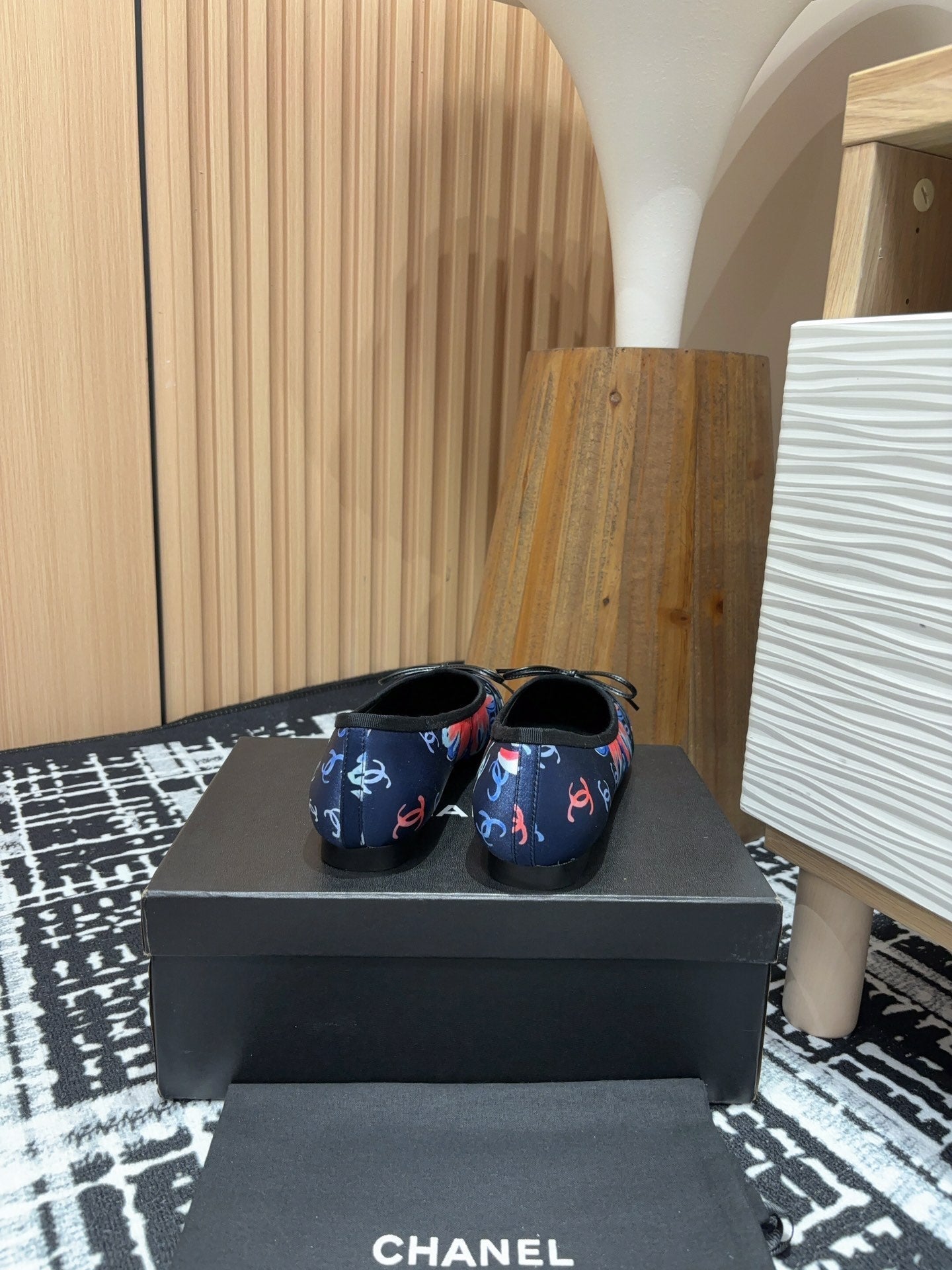 CHANEL Ballet Flats Dark Blue Silk Flowers And Lambskin