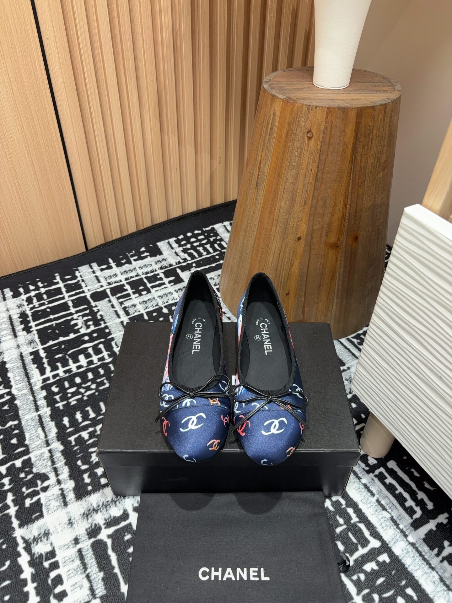 CHANEL Ballet Flats Dark Blue Silk Flowers And Lambskin