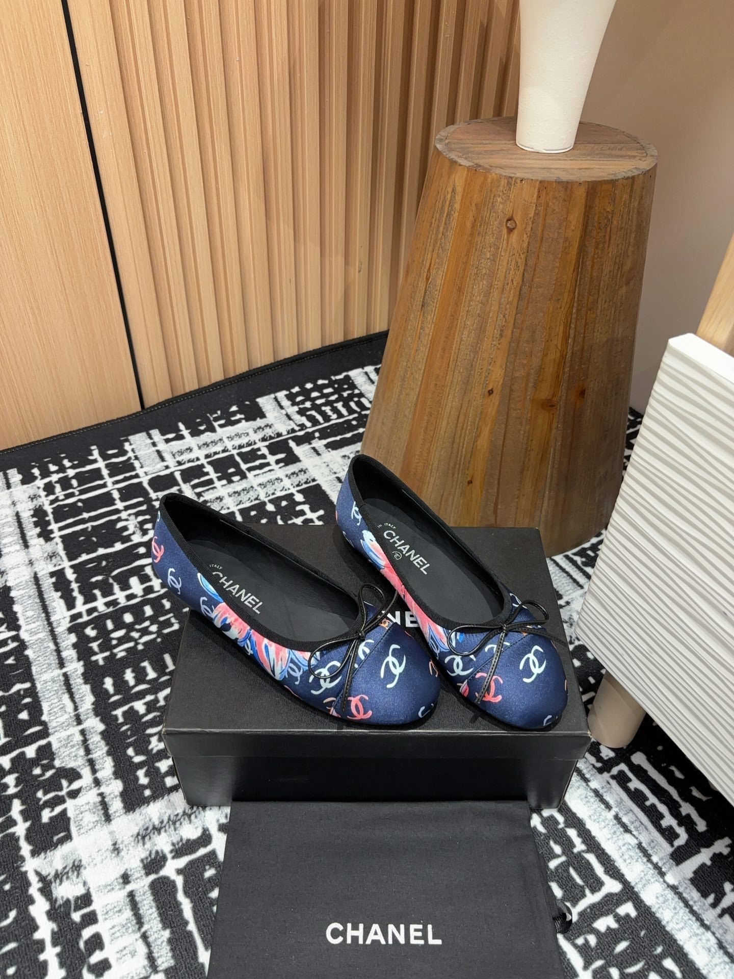 CHANEL Ballet Flats Dark Blue Silk Flowers And Lambskin