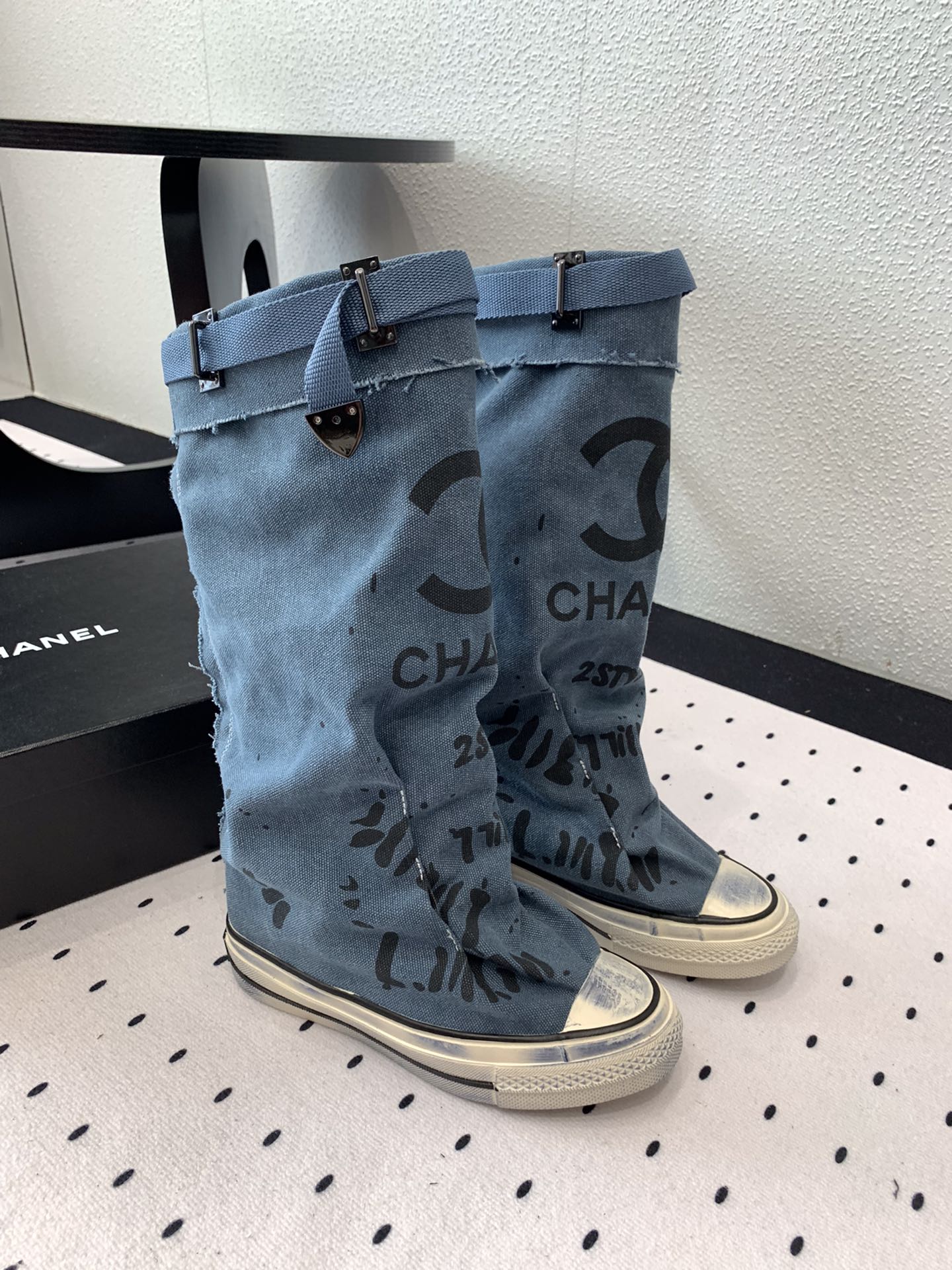 CHANEL High-Top Canvas Boots Blue Black Denim Fabric 938049