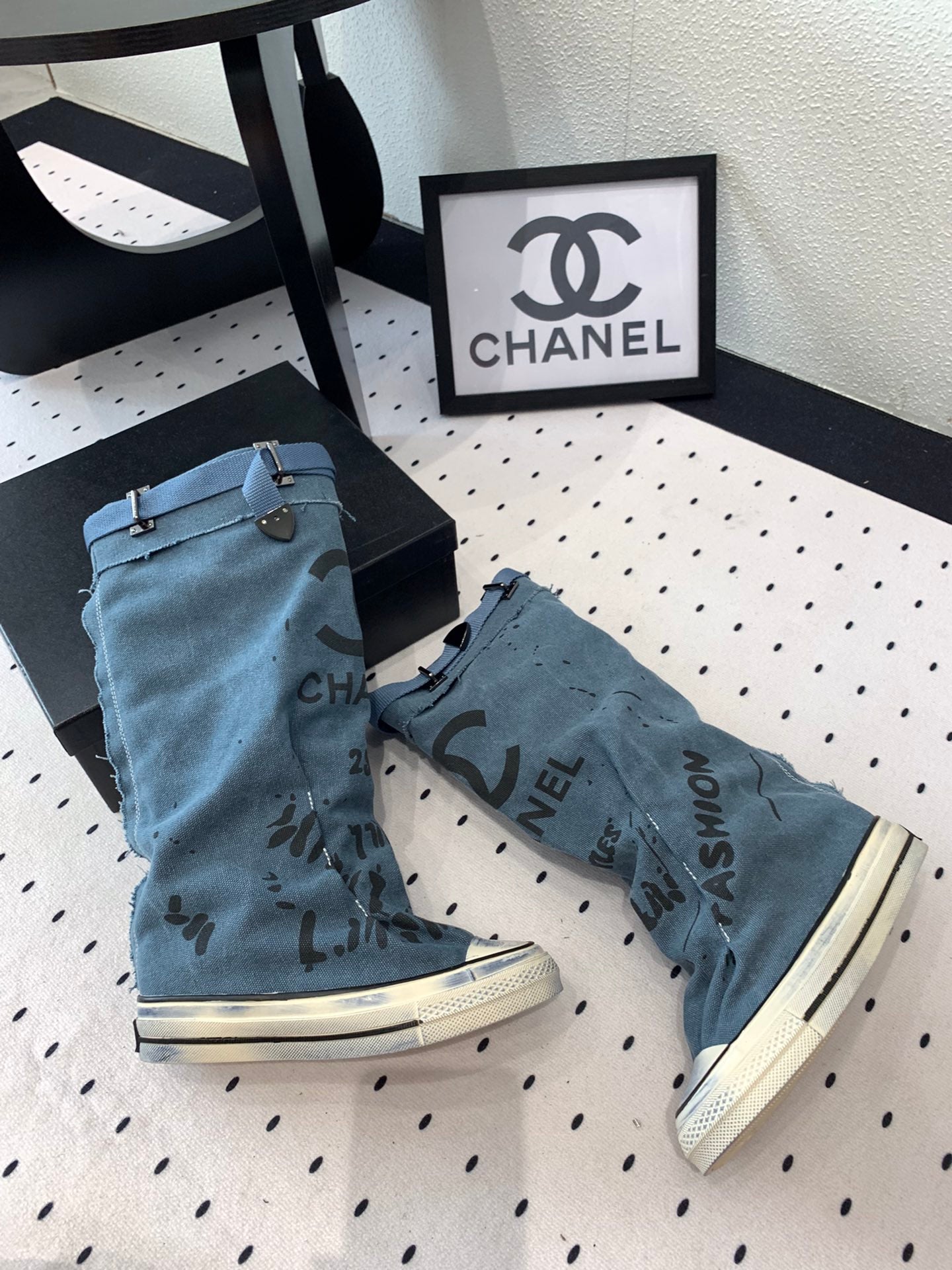 CHANEL High-Top Canvas Boots Blue Black Denim Fabric 938049