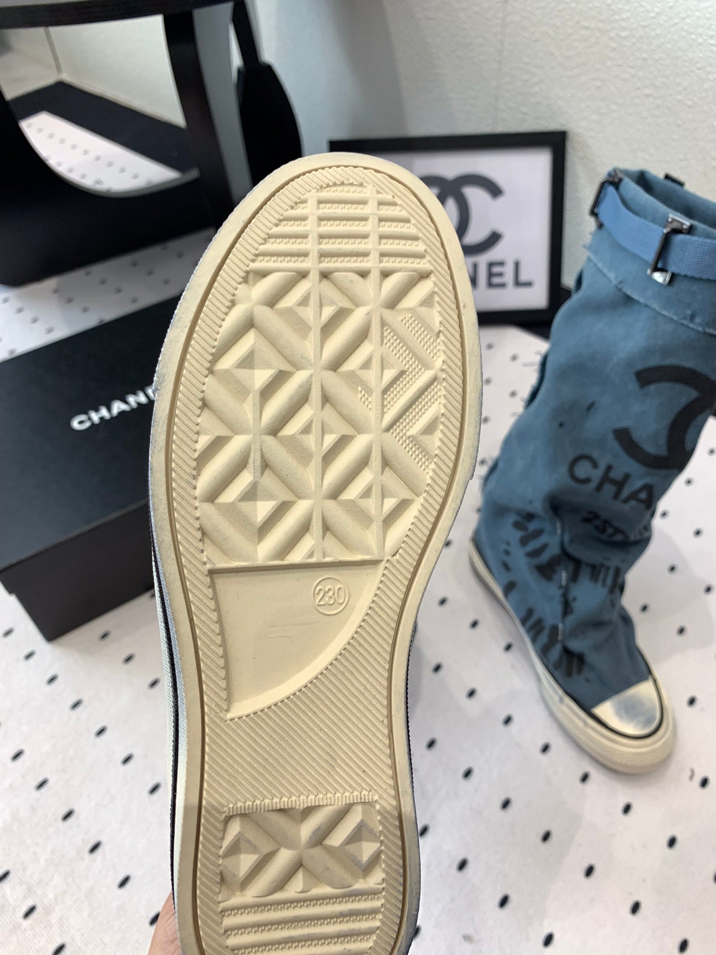 CHANEL High-Top Canvas Boots Blue Black Denim Fabric 938049