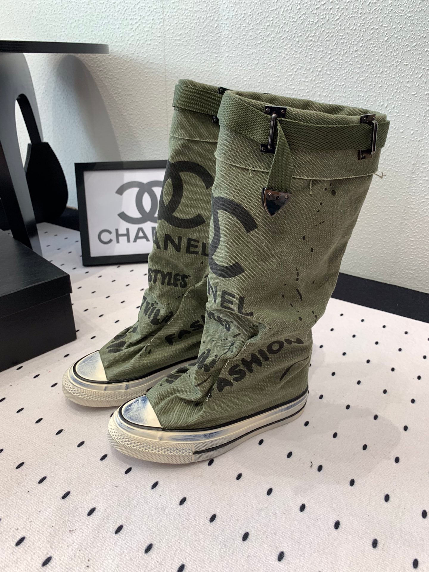 CHANEL High-Top Canvas Boots Khaki Green Black Denim Fabric 938051