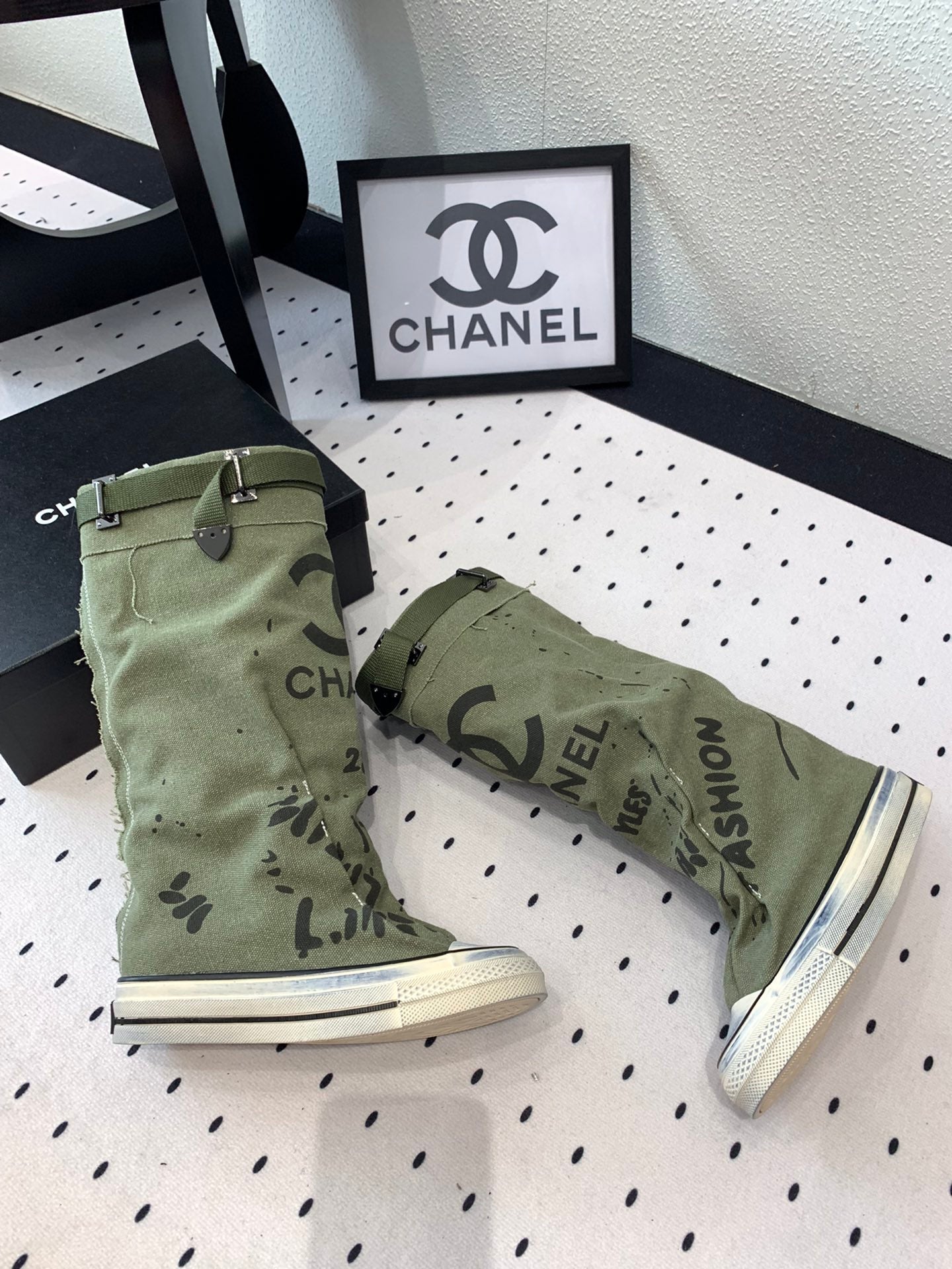 CHANEL High-Top Canvas Boots Khaki Green Black Denim Fabric 938051