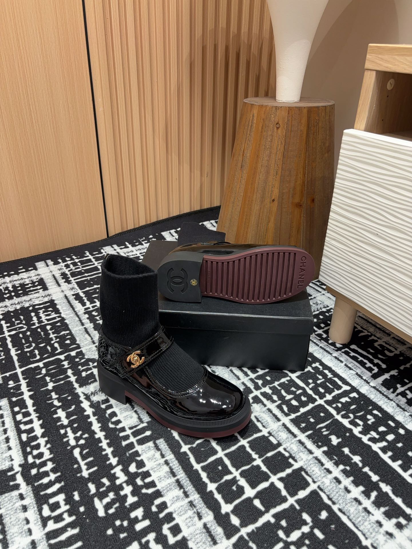 CHANEL Ankle Boots 50mm Black Wool And Cowhide