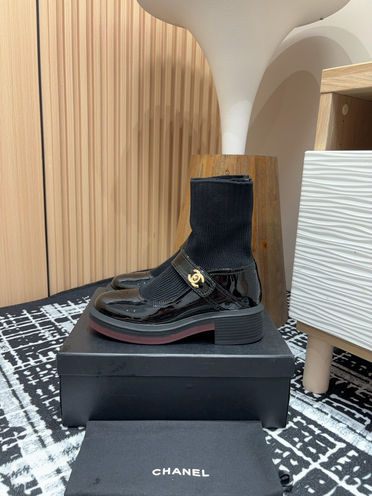 CHANEL Ankle Boots 50mm Black Wool And Cowhide