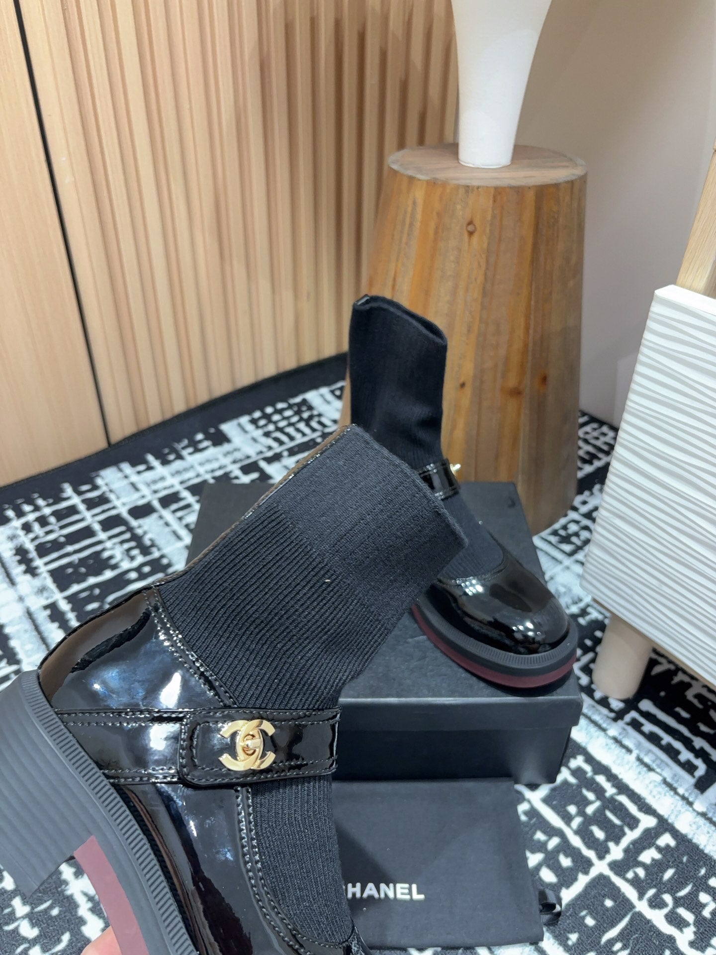 CHANEL Ankle Boots 50mm Black Wool And Cowhide
