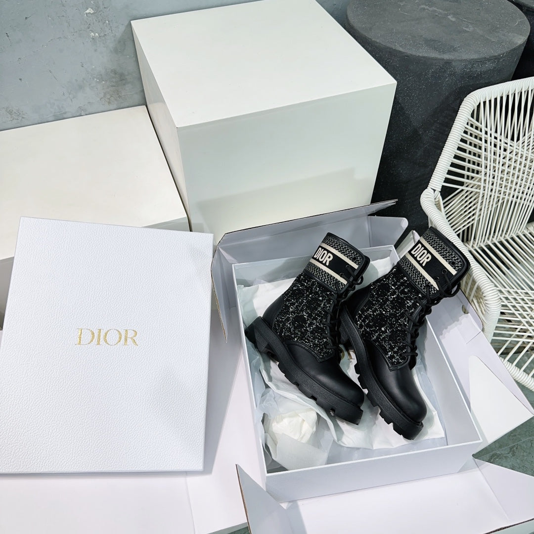 DIOR Major Ankle Boots Black White Calfskin And Fabric Canvas