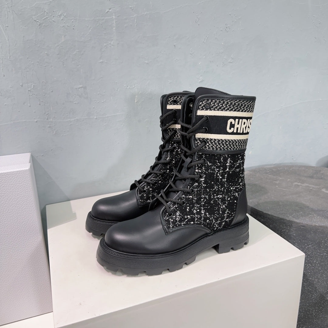 DIOR Major Ankle Boots Black White Calfskin And Fabric Canvas