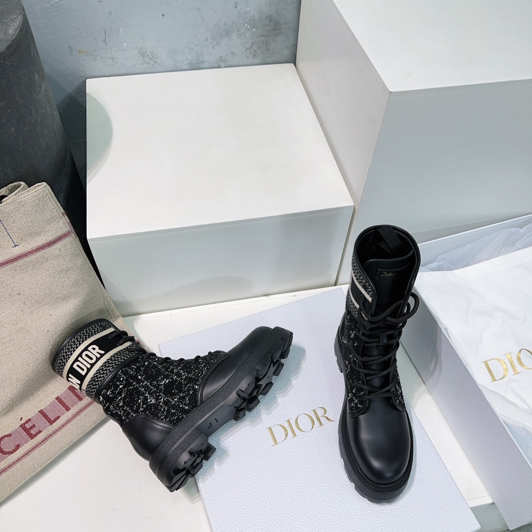 DIOR Major Ankle Boots Black White Calfskin And Fabric Canvas