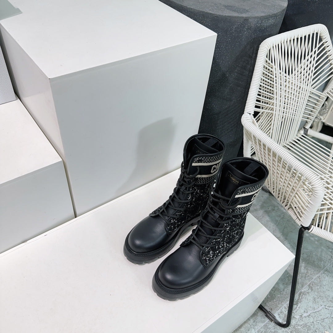 DIOR Major Ankle Boots Black White Calfskin And Fabric Canvas