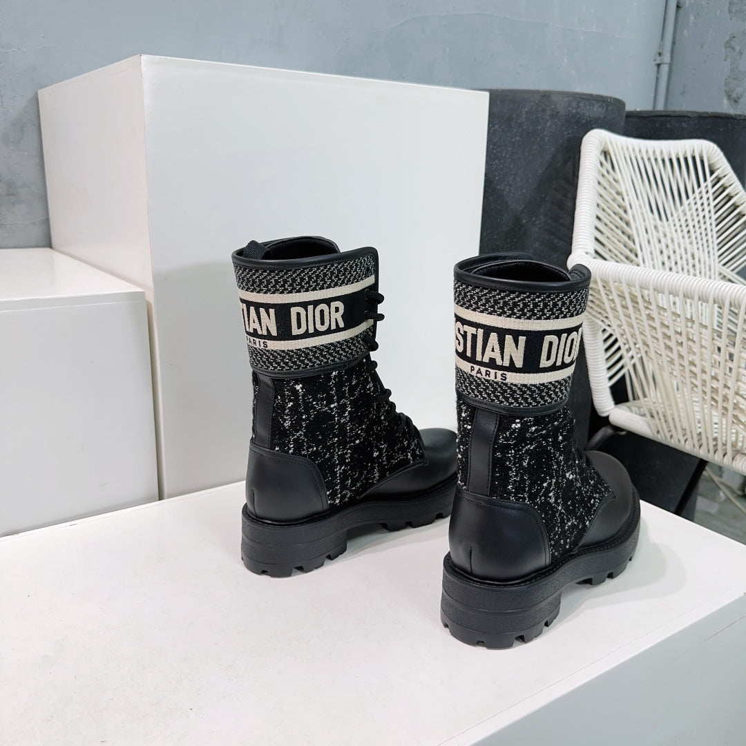 DIOR Major Ankle Boots Black White Calfskin And Fabric Canvas