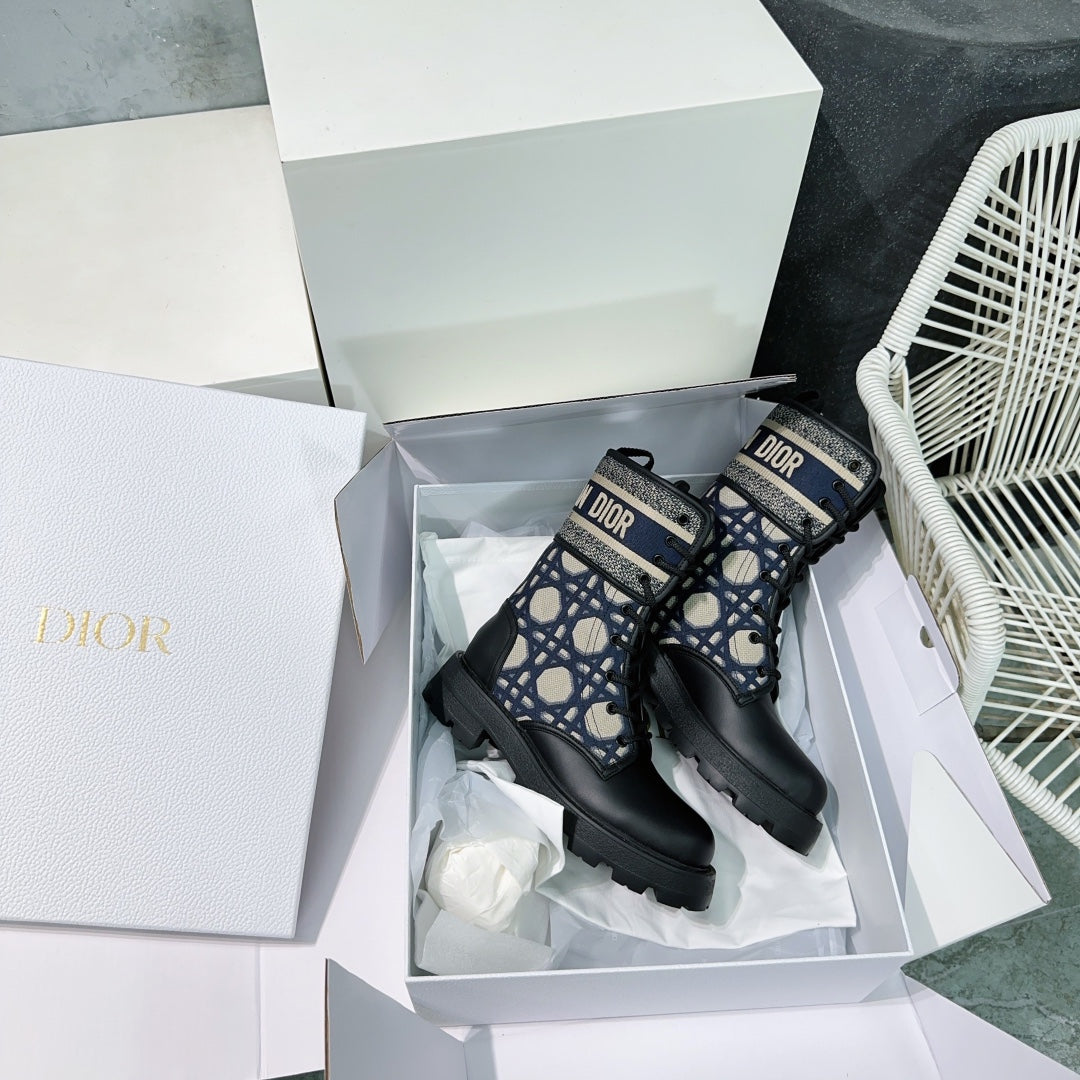 DIOR Major Ankle Boots Black Navy Blue Calfskin And Fabric Canvas