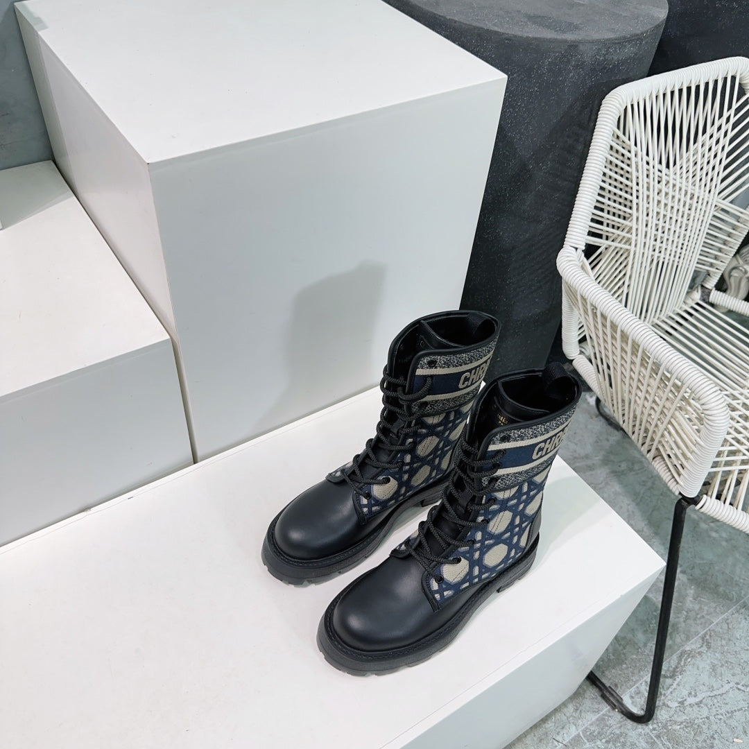 DIOR Major Ankle Boots Black Navy Blue Calfskin And Fabric Canvas