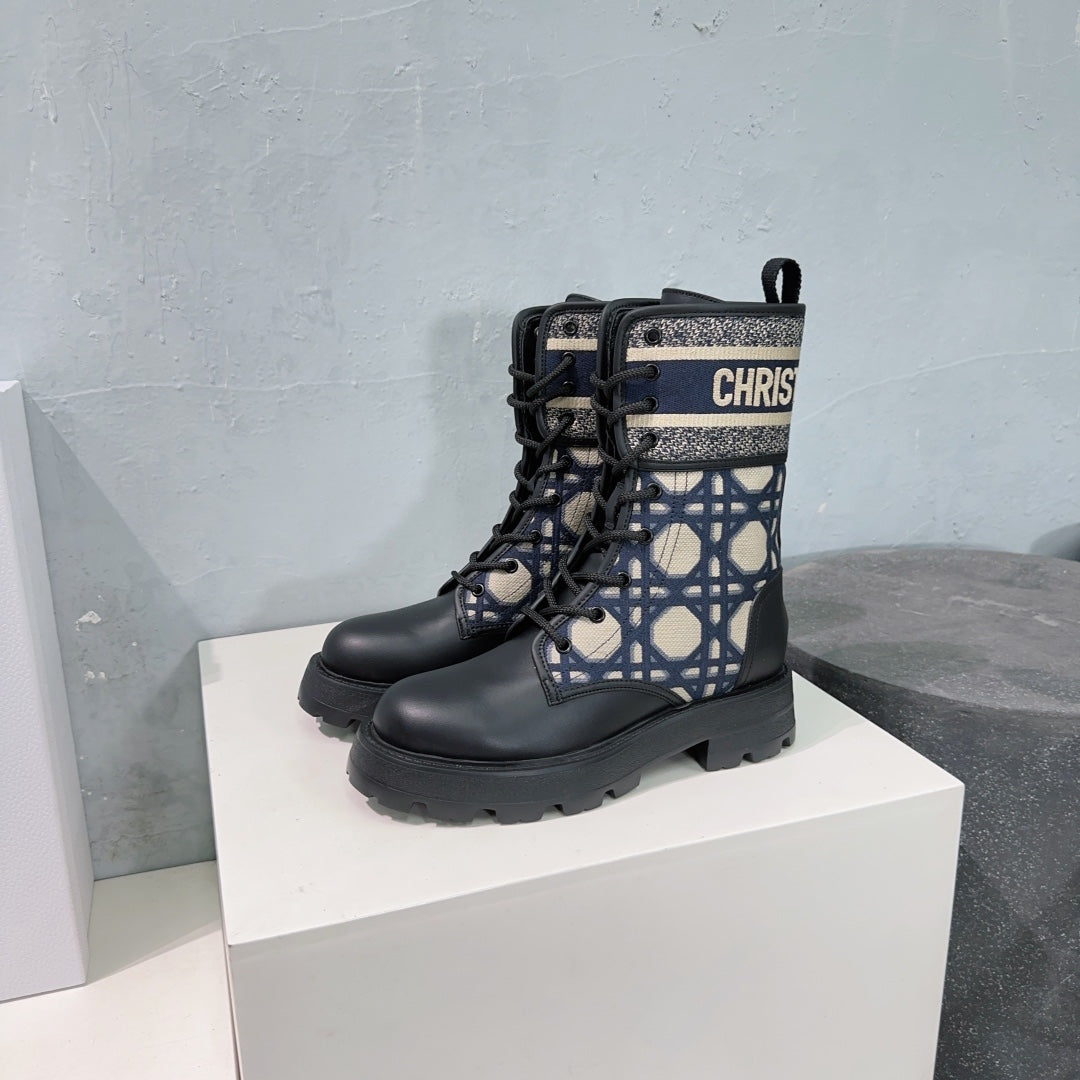DIOR Major Ankle Boots Black Navy Blue Calfskin And Fabric Canvas