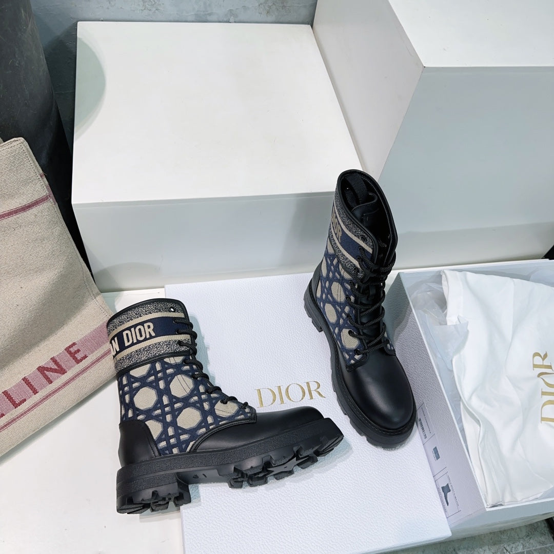 DIOR Major Ankle Boots Black Navy Blue Calfskin And Fabric Canvas
