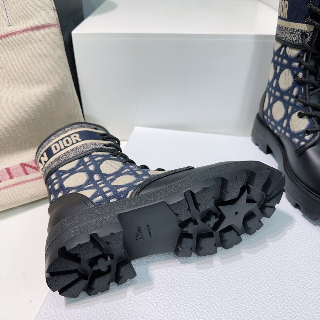 DIOR Major Ankle Boots Black Navy Blue Calfskin And Fabric Canvas
