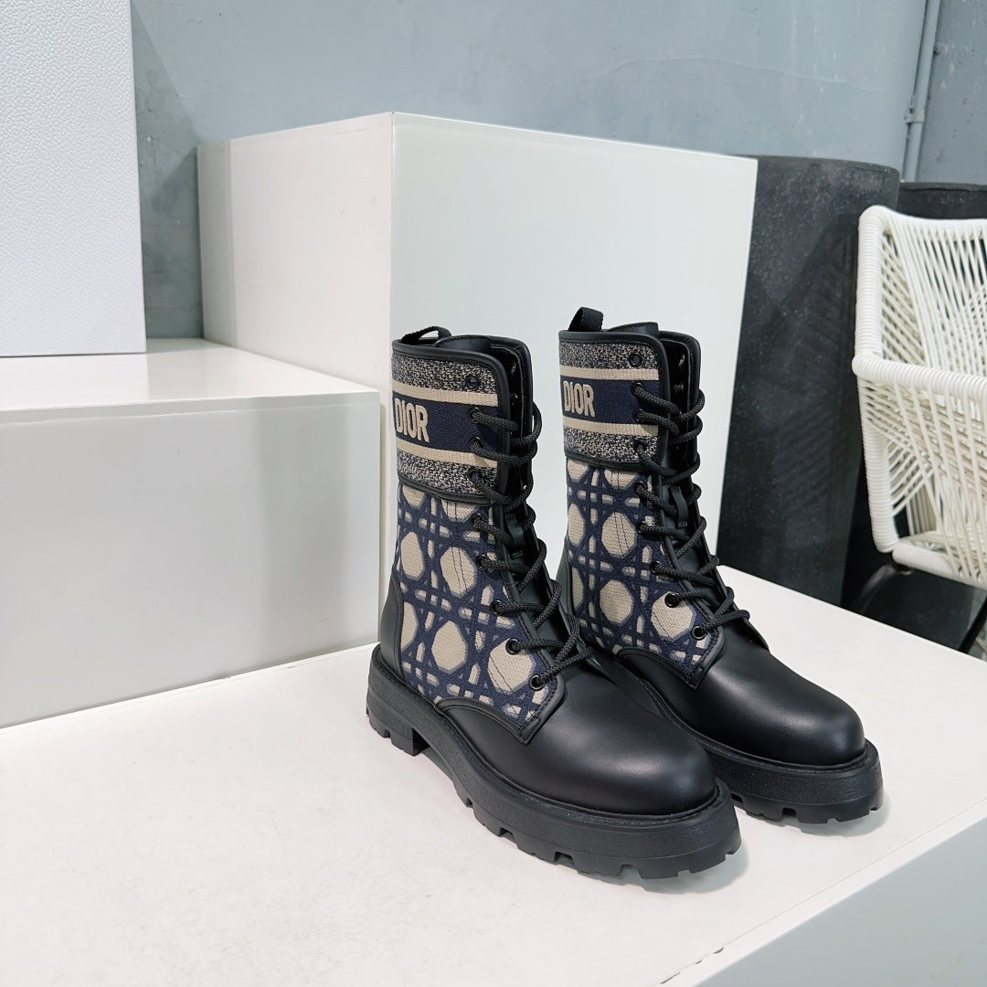 DIOR Major Ankle Boots Black Navy Blue Calfskin And Fabric Canvas