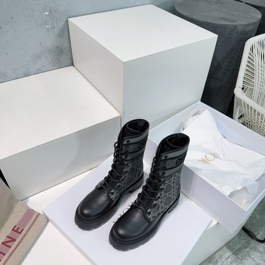 DIOR Major Ankle Boots Black Grey Calfskin And Fabric Canvas