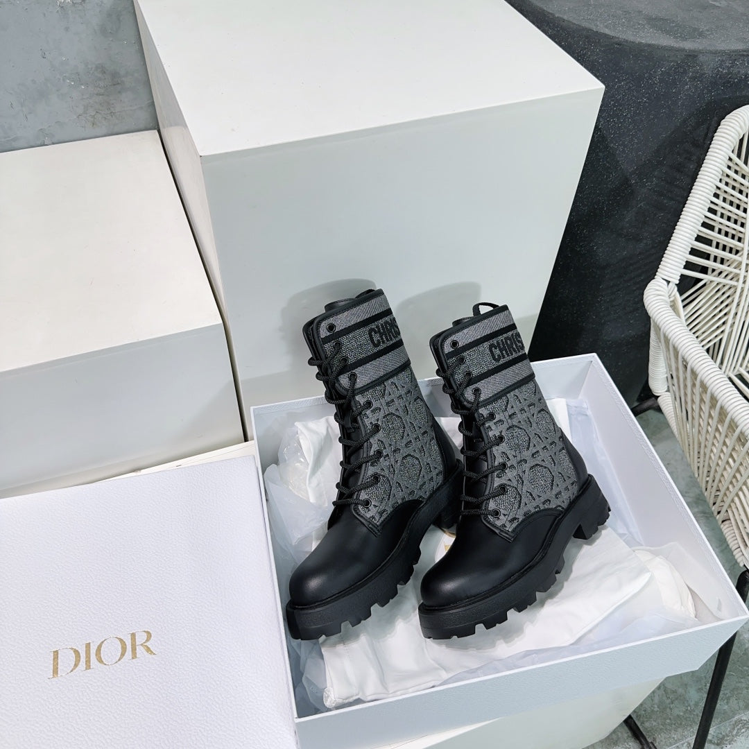 DIOR Major Ankle Boots Black Grey Calfskin And Fabric Canvas