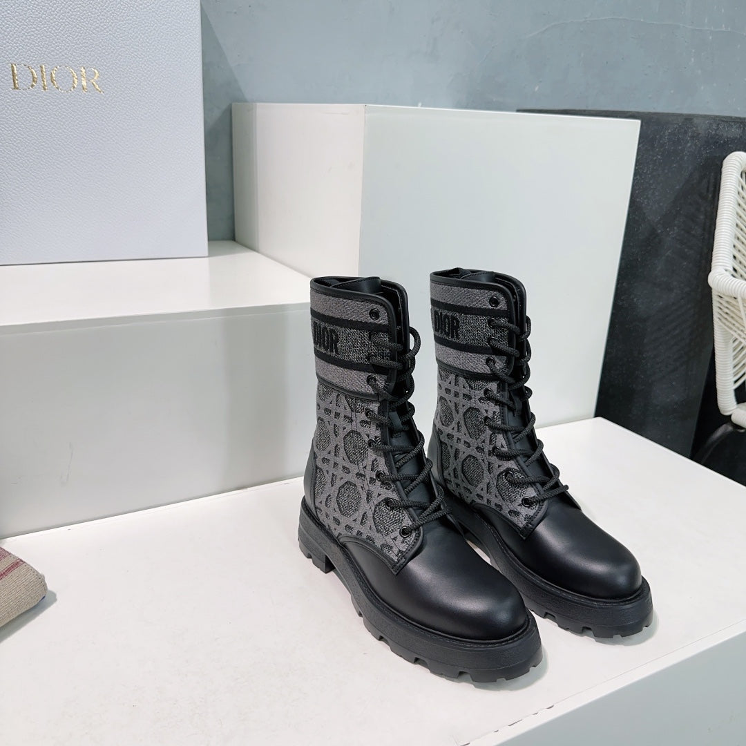 DIOR Major Ankle Boots Black Grey Calfskin And Fabric Canvas