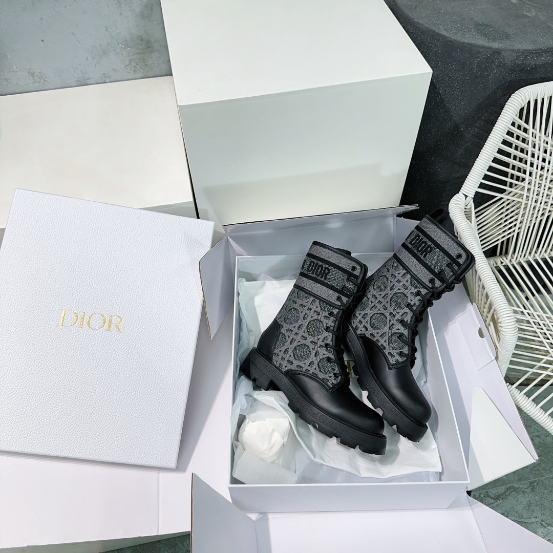 DIOR Major Ankle Boots Black Grey Calfskin And Fabric Canvas