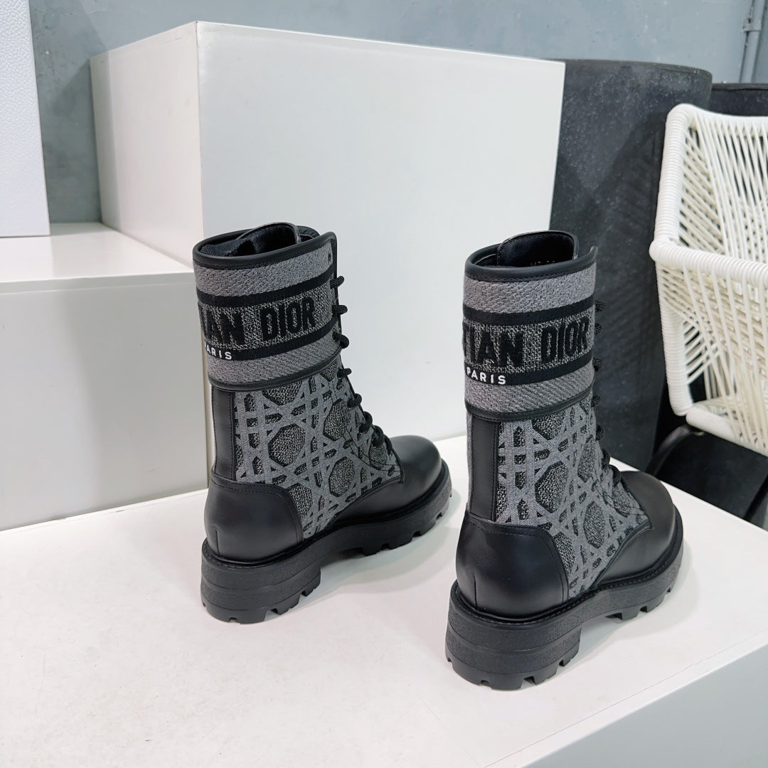 DIOR Major Ankle Boots Black Grey Calfskin And Fabric Canvas