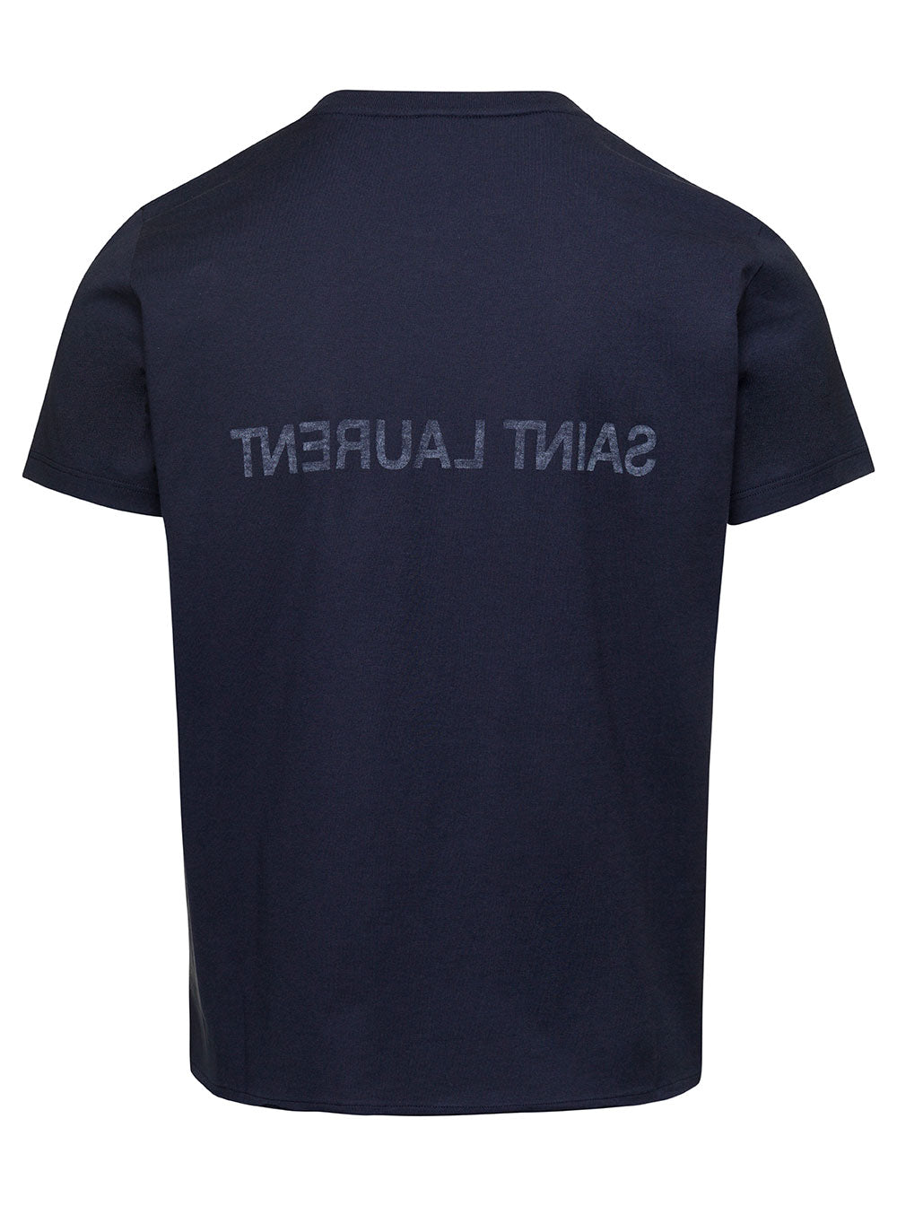 Saint Laurent Men Blue Crewneck T-Shrt With Logo Print In Cotton Man
