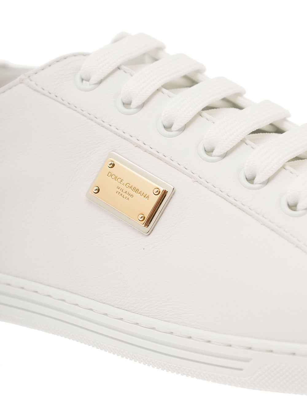 Dolce & Gabbana Men 'Portofino' White Monocrom Low Top Sneakers With Logo Plaque In Leather Man