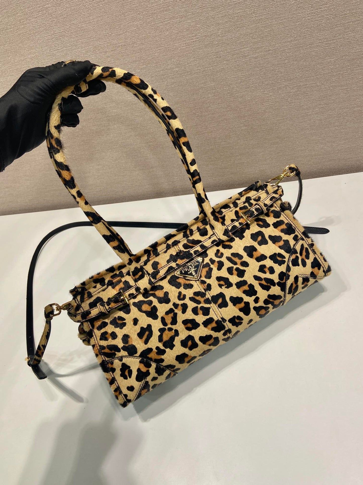 PRADA TOP HANDLE BAG 32 IN LEOPARD PRINT LEATHER