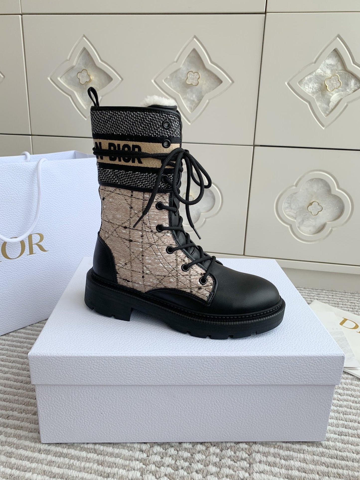 DIOR D-Major Ankle Boot In Dark Beige Mix Black Canvas With Fleece Lining 105072