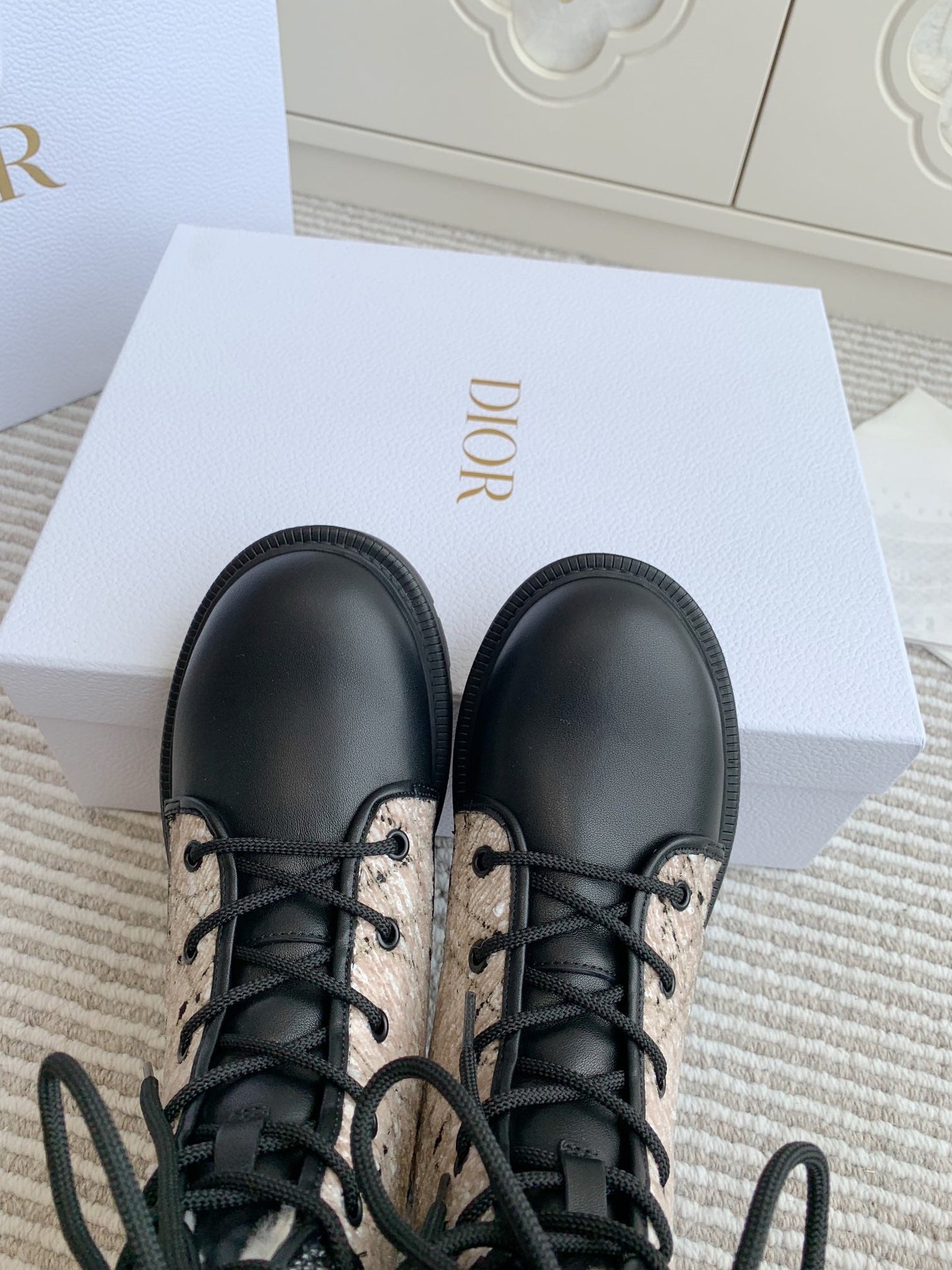 DIOR D-Major Ankle Boot In Dark Beige Mix Black Canvas With Fleece Lining 105072