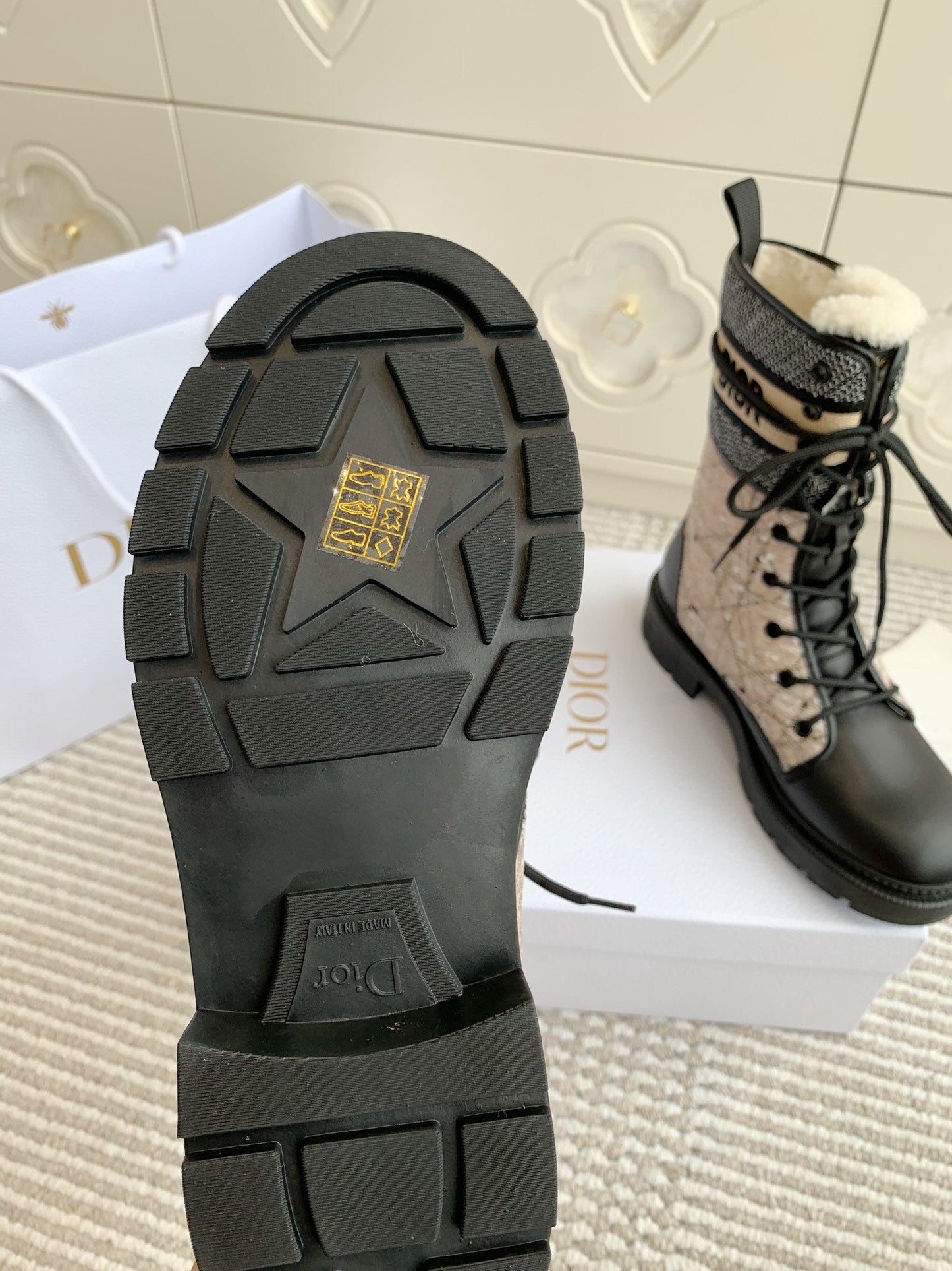 DIOR D-Major Ankle Boot In Dark Beige Mix Black Canvas With Fleece Lining 105072