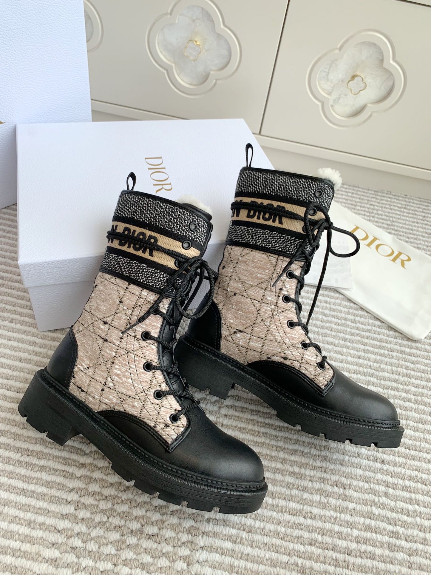 DIOR D-Major Ankle Boot In Dark Beige Mix Black Canvas With Fleece Lining 105072