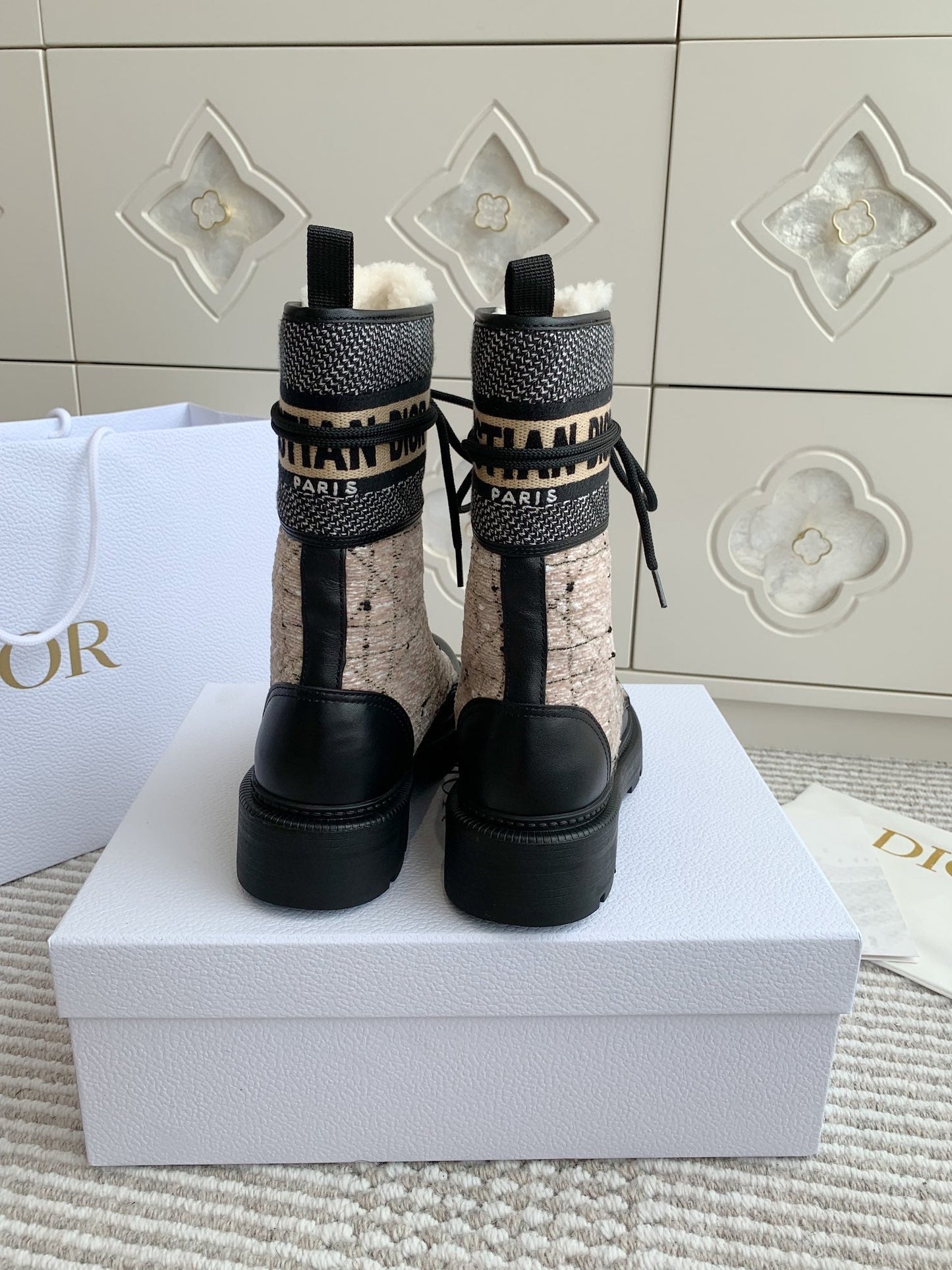 DIOR D-Major Ankle Boot In Dark Beige Mix Black Canvas With Fleece Lining 105072