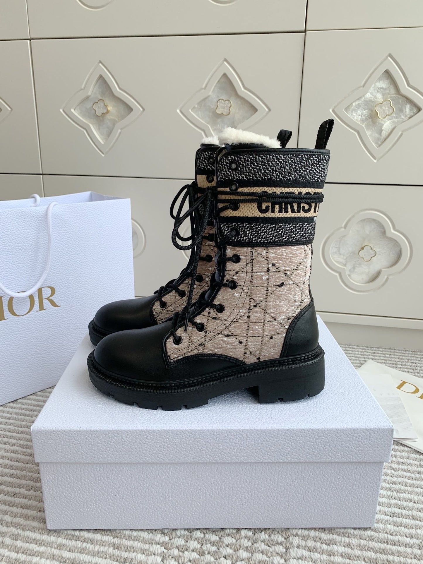 DIOR D-Major Ankle Boot In Dark Beige Mix Black Canvas With Fleece Lining 105072