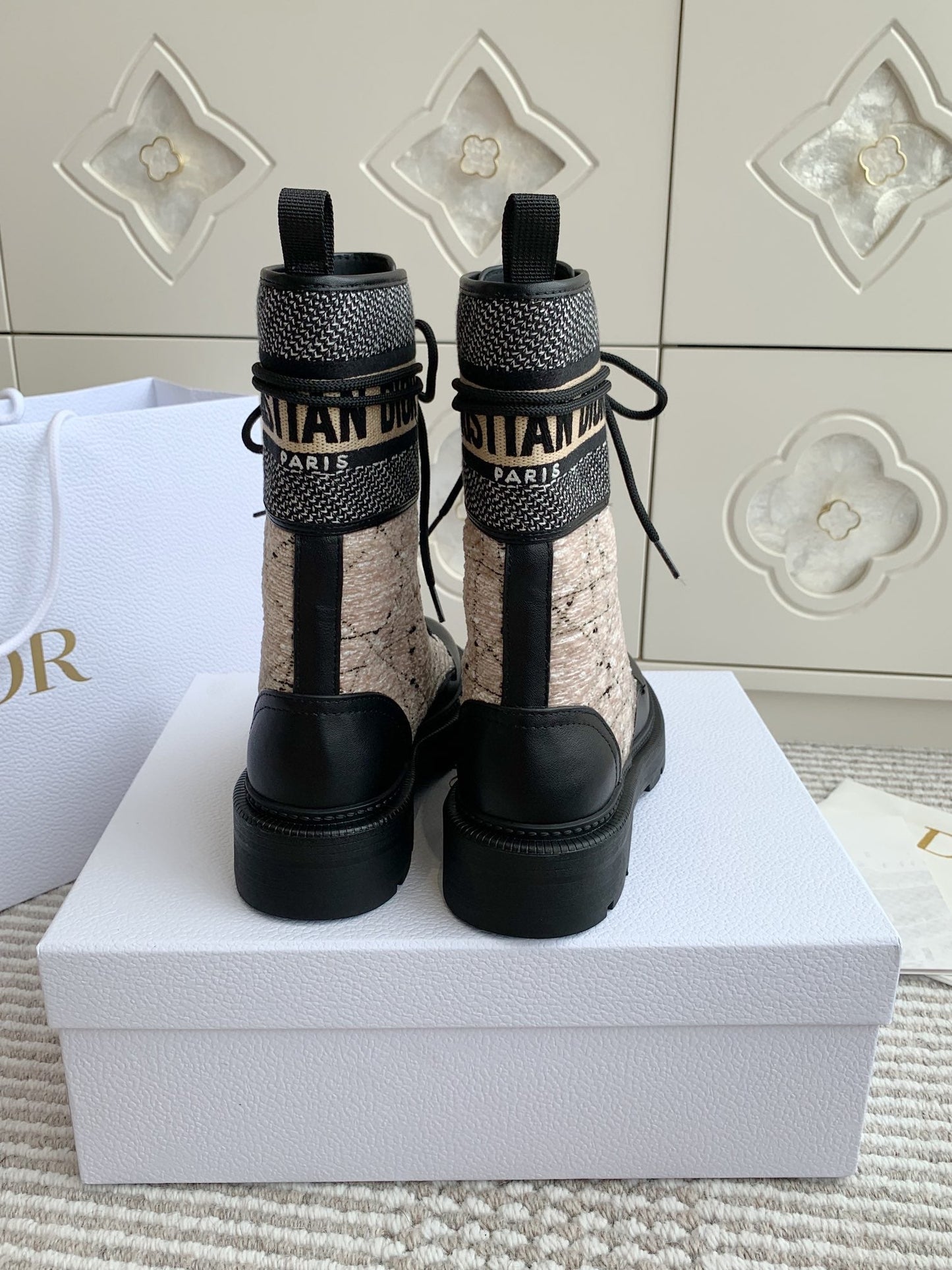 DIOR D-Major Ankle Boot In Dark Beige Mix Black Canvas And Cowhide 105071