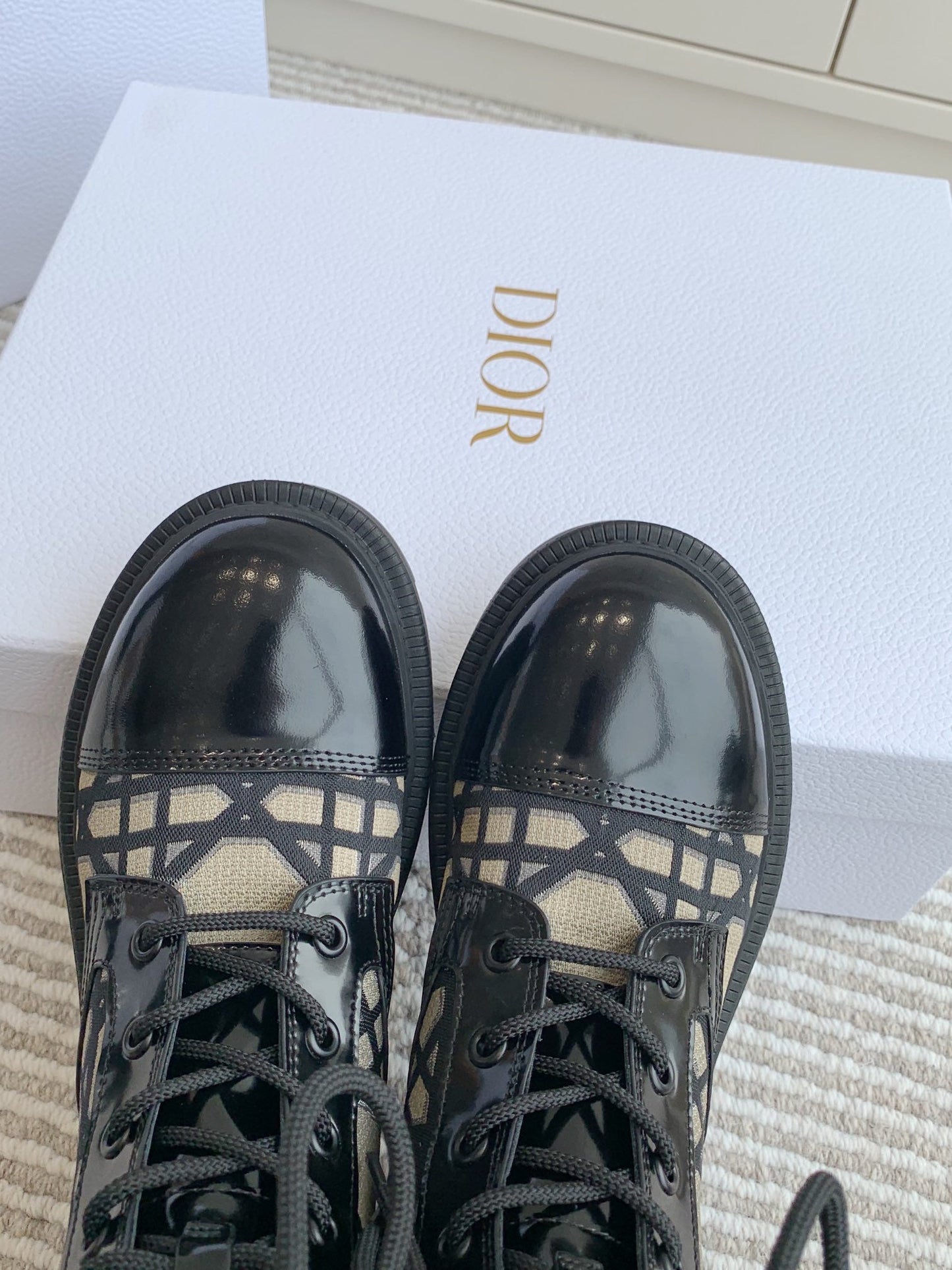 DIOR D-Unit Ankle Boot In Dark Beige Mix Black Canvas And Glossy Cowhide 105082